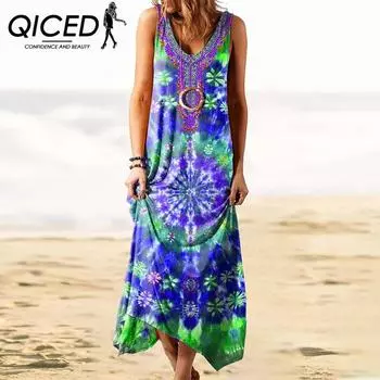 QICED Лето Весна Женский Свободный Жилет С Принтом В Национальном Стиле С Длинным Платьем S жёлтый