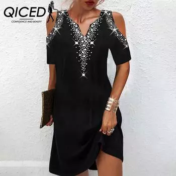 QICED Лето Весна Женский Тренд V-образный вырез Открытые плечи Позиционирующий Принт Короткие рукава Платье S бордовый