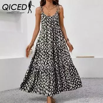 QICED Лето-весна без рукавов подтяжки женское треугольный принт халтер платье торт юбка S чёрный