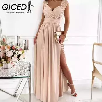QICED Лето Весна Без Рукавов V-образный вырез Сексуальное Плиссированное Платье Длинный Разрез Платье S розовый