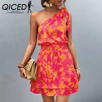 QICED Лето-весна, цветочный принт, без рукавов, на одно плечо, с высокой талией, женское диагональное платье S