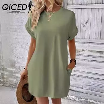 QICED Лето-весна Повседневное однотонное платье с коротким рукавом, круглым вырезом, рукавом «летучая мышь», невидимым карманом S чёрный