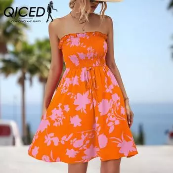 QICED Лето-весна с цветочным принтом без рукавов Свободное женское платье с запахом и принтом на одно плечо S оранжевый