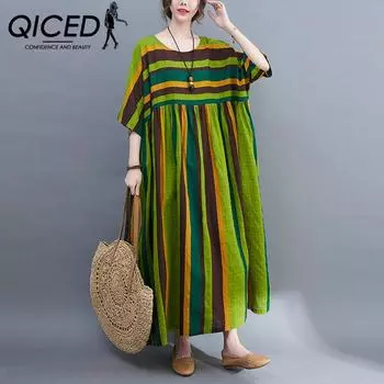 QICED Лето-весна с короткими рукавами и круглым вырезом в литературном стиле, свободное полосатое платье с круглым вырезом, большие размеры, облегающая живот, тонкая повседневная темпераментная возрастная юбка с карманами
