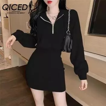 QICED Light Cooked Pure Wind Короткое платье с капюшоном Осеннее поясная сумка с длинными рукавами Хип-платье Маленький человек S белый
