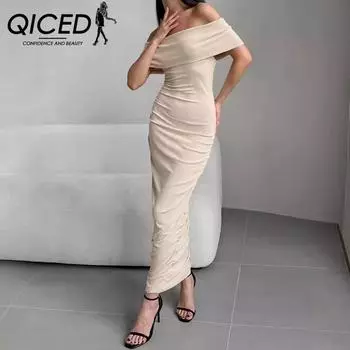 QICED Line Neck Top Dress Женская Осенняя Теплая Бархатная Низ Плотная Юбка с Запахом Ягодицы Длинная Юбка S хаки