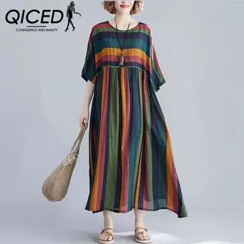 QICED Литературное свободное платье больших размеров в полоску из хлопка и льна с короткими рукавами для женщин one size