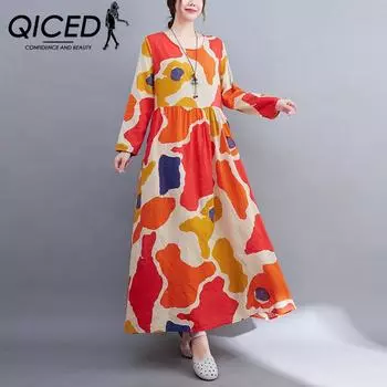 QICED Loose Thin Cotton and Linen Print Patchwork Dress Women s Plus-size Literary Age Reduction Round Neck Long-sleeved Skirt Autumn Style