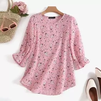 QICED Маленькая рубашка с круглым вырезом и рукавами-пузырьками, весенне-летняя свободная повседневная модная блузка с маленьким цветком S