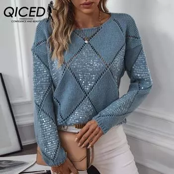 QICED Мода Ажурный пайетки Трикотаж Женский Осень Зима Алмазный Пуловер Свободный свитер Женский S синий