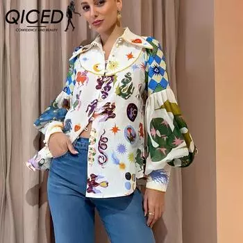 QICED Модная индивидуальная рубашка-кардиган с принтом граффити и рукавами-фонариками на лацканах S белый