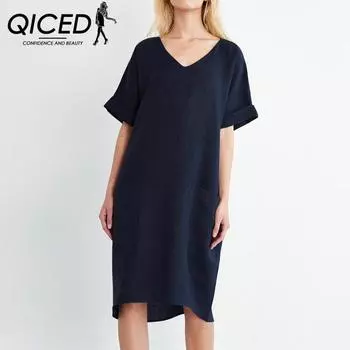 QICED модная летняя темпераментная женская цельная юбка трапециевидной формы с короткими рукавами и v-образным вырезом S белый