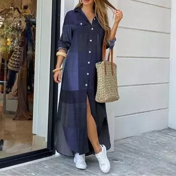 QICED Модное длинное платье-рубашка-юбка с длинными рукавами S
