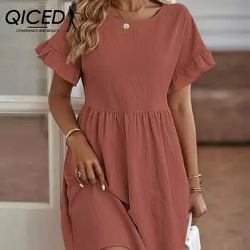 QICED модное летнее OL темпераментное женское платье-юбка трапециевидной формы из хлопка и льна с круглым вырезом S армия зеленый