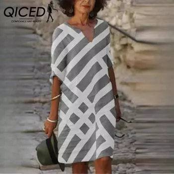 QICED Модное платье-трапеция из бамбуковой пеньки с V-образным вырезом и полосатым принтом и рукавами средней длины S фиолетовый