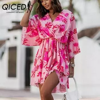 QICED Модное женское платье с волнистыми рукавами и v-образным вырезом S