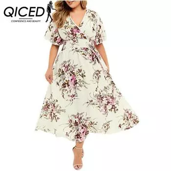 QICED Модное женское повседневное платье больших размеров с цветочным принтом и v-образным вырезом и короткими рукавами L