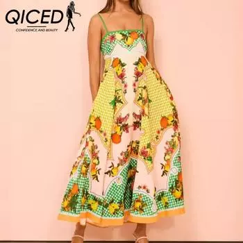 QICED Модное женское свободное платье с бретельками на шее и принтом S