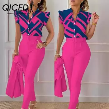 QICED Модный и повседневный женский костюм-двойка с рукавами и жилетом в виде листьев лотоса S