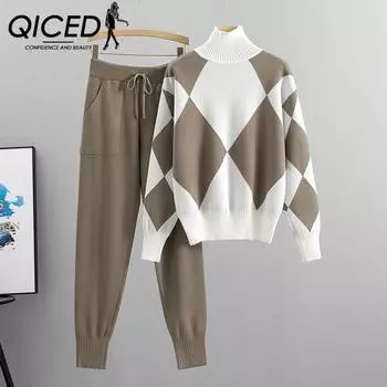 QICED Модный женский комплект из двух предметов: повседневный вязаный клетчатый свитер на весну и осень S