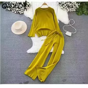 QICED Модный женский свитер свободного кроя с длинными рукавами и круглым вырезом на весну и осень, комплект из двух предметов, с высокой талией, прямые широкие брюки One Size
