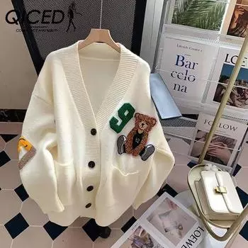 QICED мультяшный медведь вязаный кардиган осень зима свободный утягивающий стиль преппи все в одном свитер пальто для женщин уменьшающий возраст Uniform size