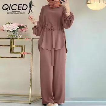 QICED Мусульманская женская одежда, однотонный комплект из двух предметов с завязками на шнурке, топ с круглым вырезом, широкие брюки, элегантный женский костюм S