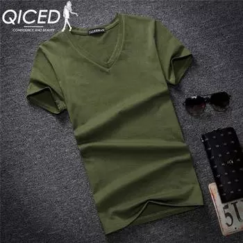 QICED Мужская хлопковая летняя однотонная футболка с коротким рукавом и V-образным вырезом Tide S белый