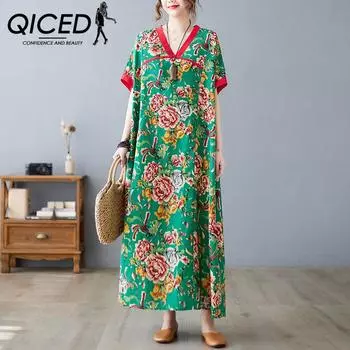 QICED Национальное ветровое платье из хлопка и льна в стиле ретро с короткими рукавами и длинным рукавом, летнее толстое тонкое платье большого размера, свободное повседневное женское платье с принтом