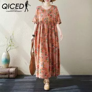 QICED Платье с принтом в национальном стиле, толстая мм, большой размер, женская длинная юбка с круглым вырезом, короткими рукавами и складками, летняя длинная юбка с цветочным принтом Uniform size
