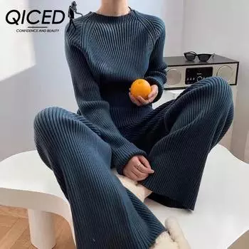 QICED Непринужденный стиль, элегантный однотонный, повседневный и элегантный, вязаный свитер с разрезами, широкие брюки, комплект из двух предметов для женщин One size