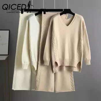 QICED Непринужденный свободный комплект из свитера и пуловера для женщин на осень и зиму, простые широкие брюки, стильный трикотажный комплект из двух вещей с V-образным вырезом One size