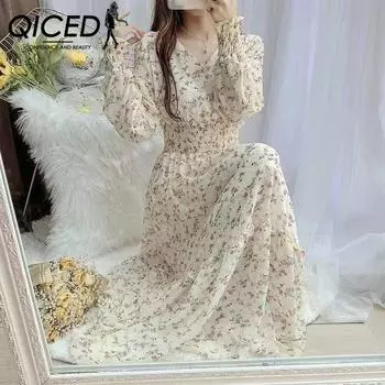 QICED, нежное французское шифоновое платье с цветочным принтом, женское весенне-осеннее платье с длинным рукавом, талией, v-образным вырезом, сказочный темперамент, большая распашная длинная юбка