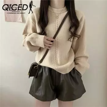 QICED Нежный ветер О-образный вырез свитер женский осень зима свободный короткий маленький мягкий вощеный трикотажный топ женский Uniform size белый