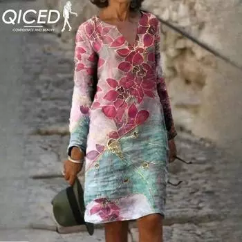 QICED Новые женские повседневные платья с V-образным вырезом и цветочным принтом и длинными рукавами S синий