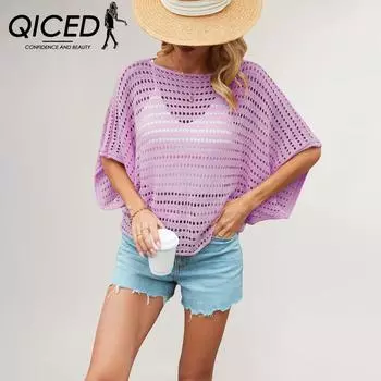 QICED O-образный вырез однотонный топ с рукавами летучая мышь ажурный свободный свитер большого размера для женщин S розовый