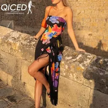 QICED облегающий топ без рукавов с бахромой и открытой спиной, сексуальное платье с разрезом S чёрный