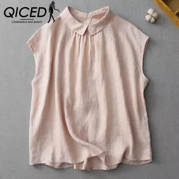 QICED Однотонная хлопково-льняная рубашка без рукавов с кукольным воротником, женская летняя одежда для снижения возраста, рубашка для похудения с обеих сторон, повседневная льняная блузка M розовый