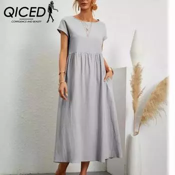 QICED однотонное свободное хлопково-льняное платье без рукавов с карманами для женщин