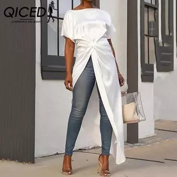 QICED однотонное свободное платье с асимметричным подолом и коротким рукавом с круглым вырезом S белый