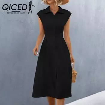 QICED однотонное женское платье-рубашка с однотонным принтом весна-лето с воротником-поло и короткими рукавами на поясе