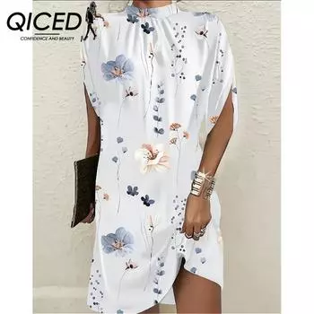 QICED однотонный принт, лето-весна, женская мода, свободное платье с круглым вырезом и рукавами «летучая мышь», с круглым вырезом
