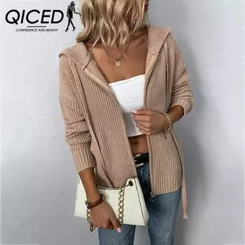 QICED однотонный свитер с капюшоном на молнии, трикотажный свитер осень-зима с карманом на шнурке, кардиган, пальто S хаки
