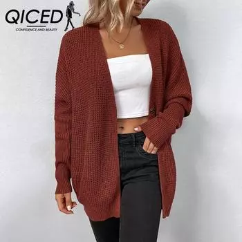 QICED однотонный трикотаж с рукавами «летучая мышь» для женщин, осенне-зимний свитер на одной пуговице для женщин S хаки