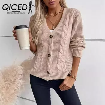 QICED однотонный трикотажный кардиган с переплетением, женский осенне-зимний винтажный однобортный свитер, женское пальто S хаки