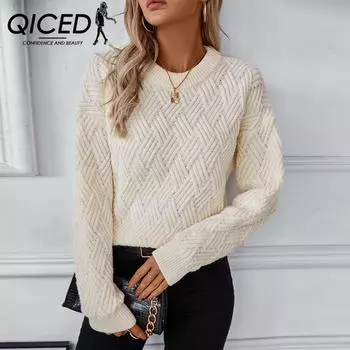 QICED однотонный трикотажный свитер для женщин, осенне-зимний винтажный трикотаж с круглым вырезом для женщин S бежевый