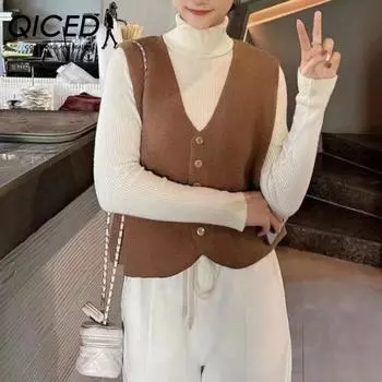 QICED Однотонный внутренний жилет кардиган пальто осень зима V-образный вырез однобортный все мягкий костюм трикотажный жилет женский трикотажные жилеты Uniform size
