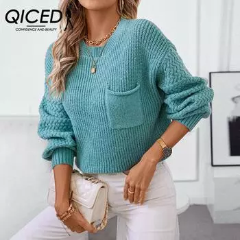 QICED однотонный женский свитер с карманами, повседневный свитер с круглым вырезом и длинными рукавами на осень и зиму S зелёный