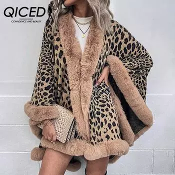 QICED Осень и зима меховой воротник накидка кардиган леопардовый накидка свитер женщина Uniform size хаки