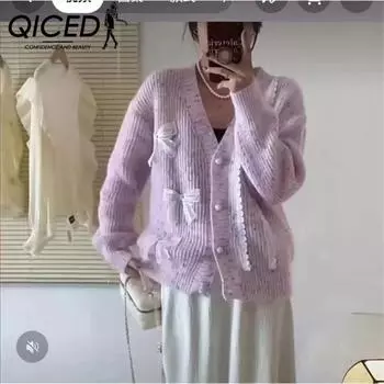 QICED Осень и зима Нежный свободный ленивый вязаный свитер Пальто кружевной бант свитер кардиган женщина Uniform size синий
